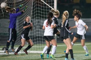 Maddie Kemp broke a scoreless tie for Camas with a header goal in the 57th minute of a state playoff game against Lake Stevens Nov. 10, at Doc Harris Stadium. Photo courtesy of Jeff Jasinsky