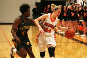 RaeAnn Allen drives down the floor to score two of her 18 points for the Panthers Monday, at Washougal High School. Washougal crushed Evergreen 66-44 in the first game of the season.