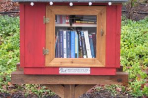 Children peruse some of the books available at the Free Little Library at 1331 N.E. Sixth Ave. The library is a result of a neighborhood collaboration to improve literacy and community. 