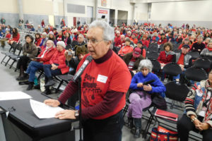 Keith Brown, a former volunteer firefighter and former Skamania County Fire District 4 commissioner, was among the speakers during a Jan. 5 public hearing about an oil transfer terminal at the Port of Vancouver. Comments for and against the proposed project were made in front of the Washington State Energy Facility Site Evaluation Council, at the Clark County Event Center, in Ridgefield. Additional comments can be made today, from 5 to 11 p.m., at the same location. (Dawn Feldhaus/Post-Record staff)