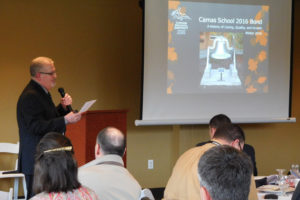 Camas Superintendent Mike Nerland speaks to attendees at the Camas-Washougal Chamber of Commerce luncheon Thursday about the local schools and the upcoming bond measure. (Danielle Frost/Post-Record)