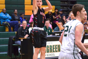 Tanner Fogle nailed a 3-pointer with seven seconds left on the clock of a tie game to help the Camas boys basketball team beat Evergreen 58-56 Jan. 19. (Photo courtesy of Kris Cavin)