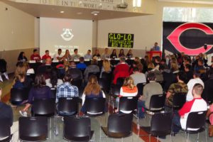 Anyssa DeVera, Liam Fitzpatrick, Bennett Lehner, Caleb Lightbourn, Caleigh Lofstead, Liam Fitzgerald, Brian Murray, Lauren Rood, Brian Humphreys, Fiona Samodurov, Sarah Yang and Erika Weber get ready to sign their college letters of intent Wednesday, at Camas High School.