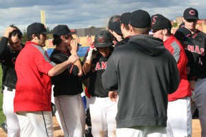 The Papermakers greet Liam Fitzpatrick at home plate after he hit a home run Monday, at Mountain View High School. Camas won the league game 6-2. (Dan Trujillo/Post-Record)