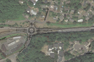 This diagram provides an aerial view of the roundabout that will be built during the next few months in Camas, at Northwest Sixth Avenue and Norwood Street. The project is being designed as a gateway feature into the city. Vehicles taking the business loop exit off of Highway 14 eastbound are shuttled onto Sixth Avenue, which travels past the Georgia-Pacific paper mill and into downtown Camas. (Image courtesy of the HDJ Design Group)