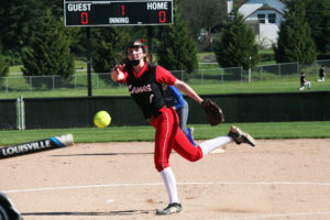 Ali Hancock twirls the softball for the Papermakers Friday, at Camas High School. She pitched all six innings and drove in three runs to help Camas defeat Mountain View 13-3.