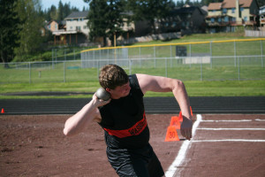 Josh Bischoff tosses the shot put 48 feet, 5.5 inches to finish in second place Thursday, at Fishback Stadium. The Washougal High School senior also won the discus event with the throw of 153-3.