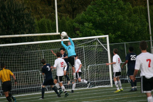 Camas keeper Brian Murray snags a shot by Skyview Wednesday, at Doc Harris Stadium. Goals came in a flurry for both teams, but the Papermakers held on for a 3-2 victory.