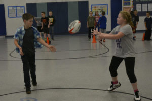 Gause Elementary School students were introduced to the game of rugby by representatives of Rugby Oregon and the Lacamas Knights youth rugby program during P.E. classes this week. The students did not participate in the usual full-contact version. (Contributed photo)