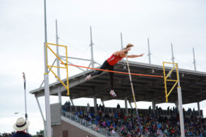 Caleigh Lofstead secured the state championship for the second year in a row with this vault of 11 feet, 9 inches, Saturday, at Mt. Tahoma Stadium, in Tacoma. The Camas High School senior topped out at 12-3 on a windy day. 