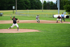 Camas High School senior Tucker Parker started the second game on the mound for the National League all-stars Wednesday, at Propstra Park in Vancouver. Fellow Papermaker Liam Fitzpatrick defends at first base.