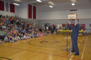 Mike Stromme, Washougal School District superintendent, congratulates students at Hathaway Elementary for having their school named one of distinction by the State Board of Education. (Contributed photo)