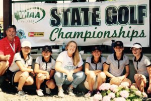 The Camas girls golf team clinched second place the 4A state tournament, at the Sun Willows Golf Course in Pasco. Pictured left to right: head coach Bob Foster, Lauryn Tsukimura, Abby Jiang, Elise Filuk, Connie Wang, Hailey Oster and Emma Cox (contributed photo).