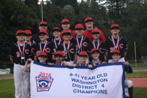 The Camas Little League 9- to 11-year-old all-stars captured the district championship Thursday, at Forest Home Park in Camas. Players are Easton McCarty, Kaisen Burr, Jackson Knuth, Zach Blair, Stephen Behil, Justin Taylor, Carson Gilligan, Cannon Bauman, Tyler Stewart, Cade Gehlen, Holt Williams, Ethan Hubbell and Aaron Sung. Casey Taylor is the manager, and Bryan Williams and Bryce Gehlen are the coaches. 