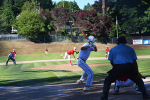 Zach Collins struck out seven batters in 5.2 innings pitched for Camas-Washougal in the Pacific Northwest Babe Ruth Regional tournament Saturday, at Louis Bloch Park in Camas. 