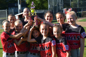 The Camas Little League softball all-stars hold up their second place trophy from the state tournament in Chehalis. Pictured in the front row (left to right): Parker Mairs, Keira Williams, Morgan Pike, Gracie Buzzell, Grace Barsness; back row (left to right): Reagan Jamison, Mercy Canifax, Samantha Gittings, Kendall Mairs and Kasey Clifton. Not pictured: Angelina Ortega and Berlyn Sonnenberg.