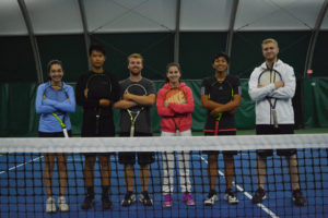 Samantha Merrill, Wilson Ho, Bjorn Morfin, Grace Maxey, Brian Wang and coach Matt Houser (left to right) are excited for the opportunity to represent Evergreen Tennis at the Junior Team Tennis National Tournament Oct. 20 to 23, in South Carolina. Sydney Wallace will reunite with her teammates at nationals. She is in her first term at Harvey Mudd College in Clairmont, Calif. 