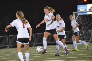 Sabine Postma, Sarah Davidson, Hannah Taie and Marley LeFore keep the soccer ball up front for Camas in a 5-0 victory against Skyview Monday, at Doc Harris Stadium. The Papermakers have given up only one goal in 12 matches this season. 