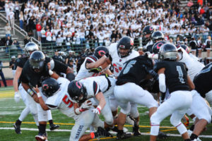 Michael Matthews lands in the end zone for his second touchdown. Camas beat Union 49-13 Friday, at McKenzie Stadium. 