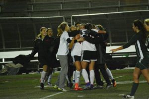 The Camas High School girls soccer players celebrate a 1-0 victory over Skyline in the semifinals of the state tournament Friday, at Sparks Stadium in Puyallup. The Papermakers play West Valley, Yakima, for the championship Saturday, at 4 p.m.