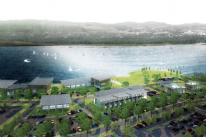 A rendering, created for the Port of Camas-Washougal and Killian Pacific, shows a possible perspective of how the future waterfront development could look. The conceptual drawing was completed two years ago by Harlo Interactive before the master planning process got underway for the former Hambleton Lumber Company property at 335 S. "A" St., Washougal. (Rendering contributed by the Port of Camas-Washougal)