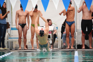 Jeff Fadlovich dives into the water to begin the 200-meter medley relay Jan. 25, at LaCamas Swim and Sport. Camas beat Union, Mountain View, Heritage and Evergreen to capture the league title. 