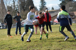 More than 40 kids participated in the Lacamas Knights Rugby Skills Camp Feb. 4, at Gause Elementary School in Washougal. Local high school level players taught the youngsters how to move the ball, play the game safely, and have respect for their teammates and opponents. (Photos by Dan Trujillo/Post-Record)