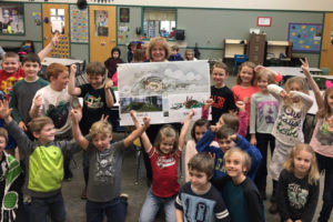 Students in Jocelyn Aldridge's second grade class at Cape Horn-Skye Elementary School showed their excitement about plans for a natural play area in Washougal Waterfront Park. The children indicated their preference for a sculpture of an ogre or Bigfoot instead of a log and net climber. "The ogre is different," said Port Finance Director Kim Noah. "People will want to come back to Washougal, to see it again and promote tourism." (Photo contributed by Kim Noah)