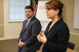 Rep. Brandon Vick and Sen. Ann Rivers, of the 18th Legislative District, discuss education funding and other issues Saturday morning during a town hall at the Camas Public Library. 