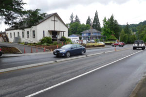 Several members of the North Bank Masonic Lodge #182 are upset about the addition of a concrete median along Washougal River Road. Washougal City Engineer Rob Charles said the median helps mitigate the new one-way driveway out of the Salvation Army (pictured). 