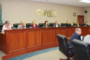 The Camas City Council listens to city staff during an Oct. 2 meeting at Camas City Hall. The councilors voted 5-2 in favor of accepting a new salary schedule for non-represented city employees at the Monday night meeting. 