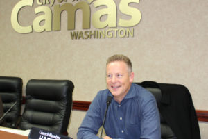 Camas City Councilman Tim Hazen sits behind the council table for the last time on Monday, Oct. 16. Hazen, who was in the middle of his second term on the council, announced his surprise resignation at Monday night's city council meeting. 