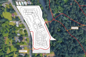 An illustration of the proposed senior living facility shows public access to trails within the nearby Lacamas Creek area (pictured to the right of the proposed development) in Camas. Former Camas City Council member Tim Hazen hopes to buy a piece of parks open space for his senior living facility development. (Contributed illustration by Ankrom Moisan Architects, Inc., courtesy of city of Camas)