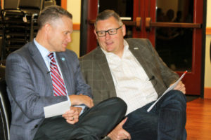 Camas Mayor Scott Higgins (right) talks to Camas School District Superintendent Jeff Snell (left) before the 2017 State of the Community address, held Thursday, Oct. 26, at Lacamas Lodge in Camas. 