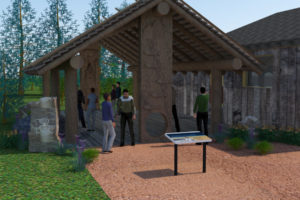 Preliminary renderings show what the outdoor "plank house" style "Gathering Place at Washuxwal" pavilion next to the Two Rivers Heritage Museum in Washougal might look like. Plans call for cedar planks and wood carvings to highlight the area's Native American Indian history and culture. (Contributed illustration courtesy of Lewallen Architecture)