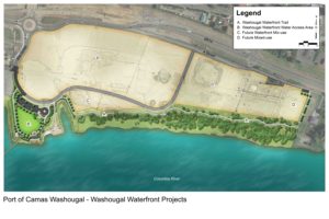 A rendering, created by Berger Abam in 2014 during the design of Washougal Waterfront Park and Trail, shows the former Hambleton Lumber Company property at 335 S. ?A? St., Washougal. The Port Commission has approved the purchase of 11 acres of land near the waterfront from Parker?s Landing LLC, after the LLC buys 8.5 acres on the east end of the waterfront. (Contributed illustration, courtesy of Port of Camas-Washougal)