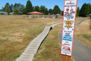 Phase one of a bicycle skills course makes its way around the perimeter of Hamllik Park, in Washougal. Phase two of the project has been put on hold, because a $34,560 contract with Evergreen Mountain Bike Alliance did not consider prevailing wage and permitting requirements.