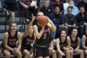 Camas’ Jordyn Wilds (3) shoots a three-pointer during a Jan. 26 game at Union High School. The Papermakers won 53-33, clinching the 4A Greater St. Helens League title. Alisha Jucevic/The Columbian