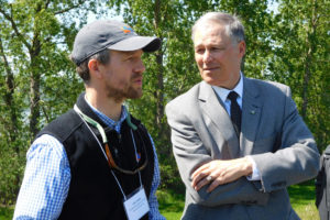 Washington Governor Jay Inslee (right) meets with Chris Collins (left), principal restoration ecologist with the Lower Columbia Estuary Partnership at Steigerwald Lake National Wildlife Refuge near Washougal in May of 2017. The governor said today that the proposed Vancouver Energy Tesoro Savage oil terminal project, which could have brought 360,000 barrels of explosive crude oil through Camas-Washougal each day en route to the Port of Vancouver, is not in the public's best interests. 