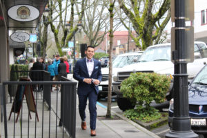 Nick Calais makes his way to Liberty Theatre in downtown Camas about an hour before he is to be wed to Tami Weidert on Friday, Feb. 2. 