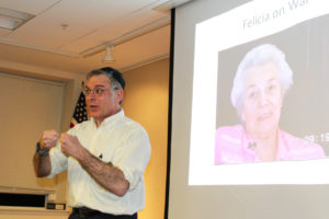 Matthew Erlich speaks to a packed room at the Camas Public Library about his mother, Felicia, a Holocaust survivor, on Monday, March 12. 