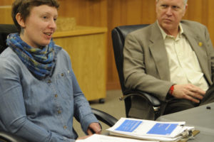 Alex Yost (left) and Blaine Peterson (right) attend the March 23 meeting of the Washougal Citizens Advisory Committee, at Washougal City Hall. The committee is determining whether this is the right time to recommend the city change from a mayor-council to a council-manager form of government. A Camas committee is examining the same issue. The committees' recommendations will go to their respective city councils, and potentially to voters to decide. 