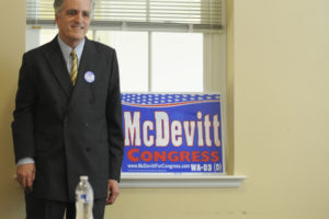 David McDevitt, one of three Democrats challenging incumbent Congresswoman Jaime Herrera Beutler for her 3rd Congressional District seat, hosts a town hall at the Camas Public Library on Tuesday, April 10. 