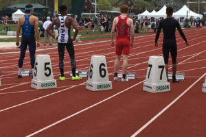 Contributed photo courtesy of Jon Eagle 
 Camas sprinter Blake Deringer (second from right) makes it to the 100 meter final race at the Oregon Relays in Eugene, Ore., on Saturday, April 14. Deringer finished in eighth place.