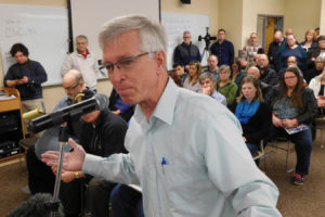 John Ley, of Camas, speaks during a Feb. 11, 2017, transportation town hall, hosted by 18th District Rep. Liz Pike and 17th District Rep. Vicki Kraft, on the Clark College East campus. Ley recently ended his campaign to succeed Pike, saying events in his personal life have changed. (Post-Record file photo)