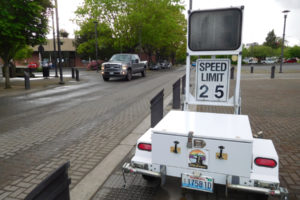 A radar trailer reminds motorists driving in front of Reflection Plaza in mid-May that the speed limit is 25 mph on the 1700 block of Main Street, in downtown Washougal. The Washougal City Council is expected to decide soon whether to reduce the speed limit to 20 mph, on Main Street, between Washougal River Road and 22nd Street. 