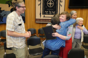 Supporters of Alex Yost congratulate her after she was appointed to the Washougal City Council on May 31. Pictured (from left to right) are:  Washougal Round Table volunteers Dan and Kathy Huntington and Susan Warford, and Yost's grandmother, Zilpha Haycox. 