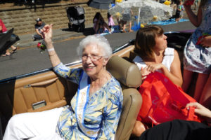 Maxine Ambrose, queen of the 2018 Camas Days festival, rides with family members in the Camas Days Grand Parade, Saturday, July 28. Ambrose, a 1948 Camas High School graduate, has volunteered with the Inter-Faith Treasure House, Soroptimist International of Camas-Washougal, the Camas-Washougal Historical Society, the Two Rivers Heritage Museum, the Lost and Found Cafe, Friends of the Cemetery, Boy Scouts and her children's school PTAs. 