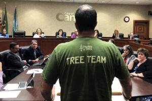 Alex Gregory, a Camas resident and volunteer with Friends of Trees, testifies at the Camas City Council's Aug. 6 regular meeting. 