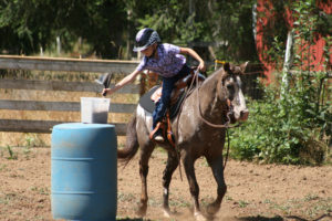 Eight-year-old Aubrie Wheeler grabs a flag while practicing at her family farm near Fern Prairie in Camas. 